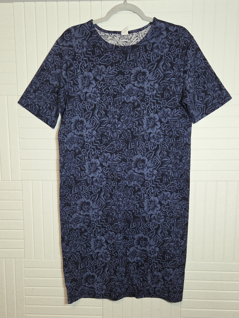 Land's End 100% Cotton Blue Floral Midi Tee Shirt Dress Size M